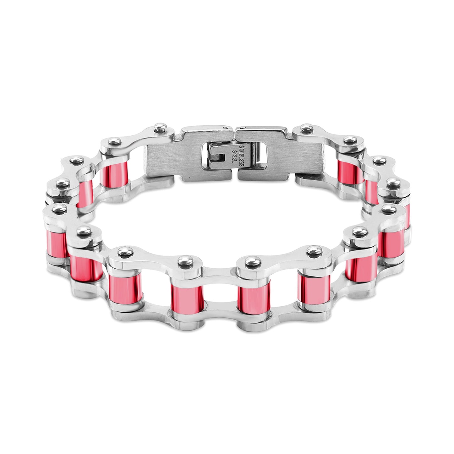 Stainless Steel And Pink Bike Chain Bracelet