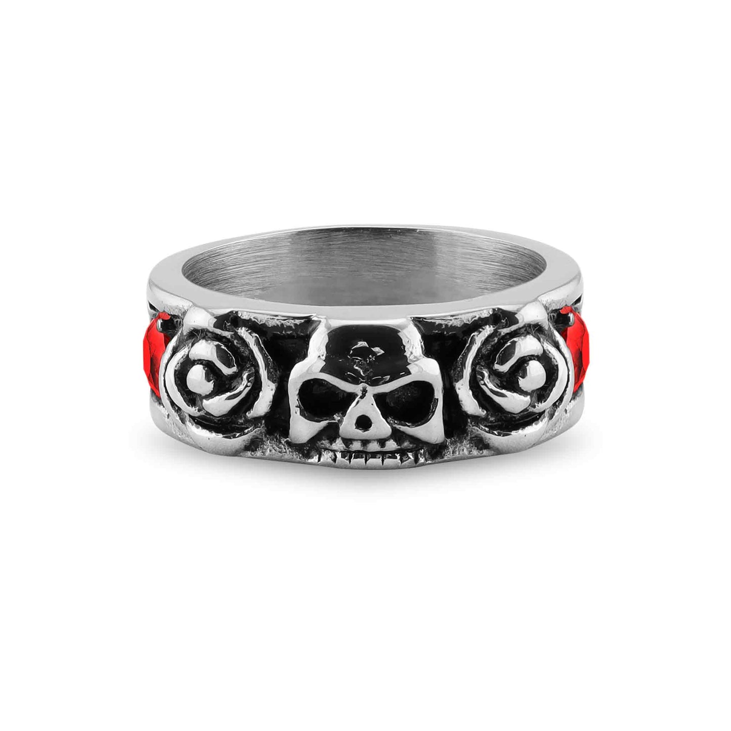 Skull And Roses With Red CZ Accents Ring