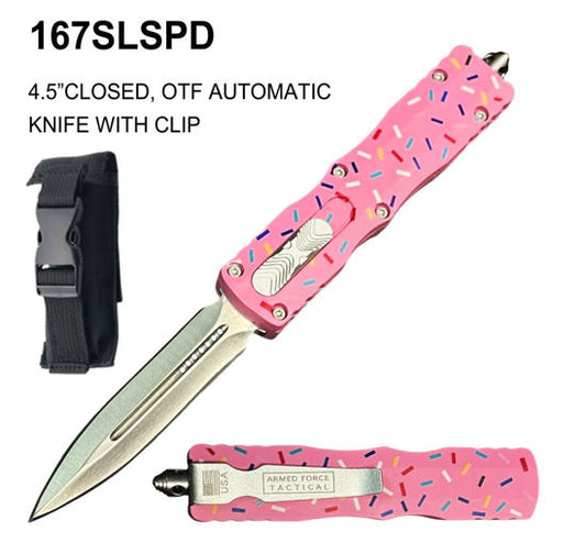 7.5" overall OTF automatic Knife PInk w/ Sprinkles