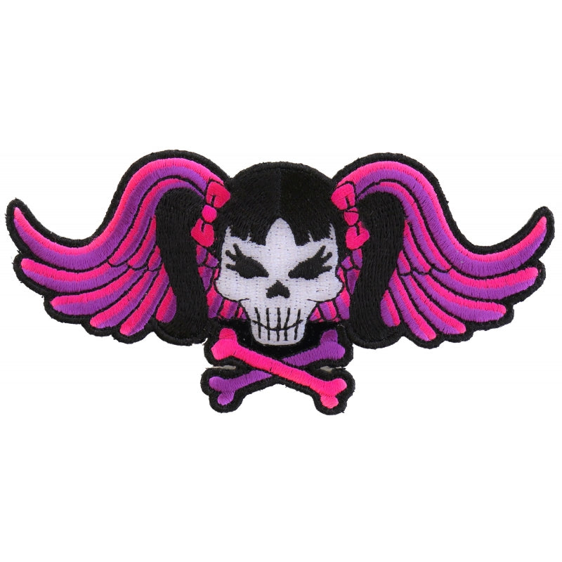 P#3077- Ladies skull with pink and purple wings and crossbones