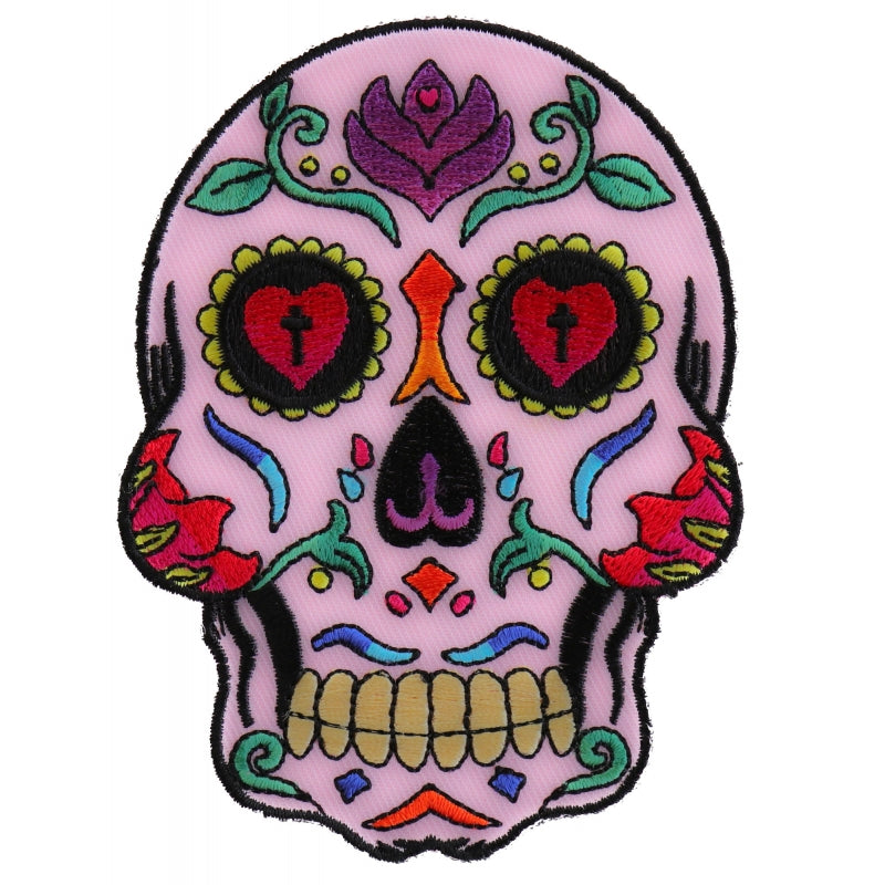 P#3225- Pink sugar skull with hearts and crosses for eyes