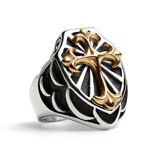 Stainless Steel 18K Gold PVD Coated Cross On Shield Signet Ring
