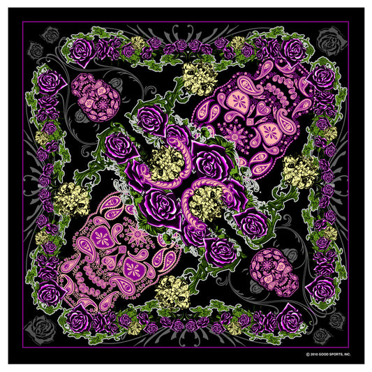 pink and green roses and sugar skull bandana