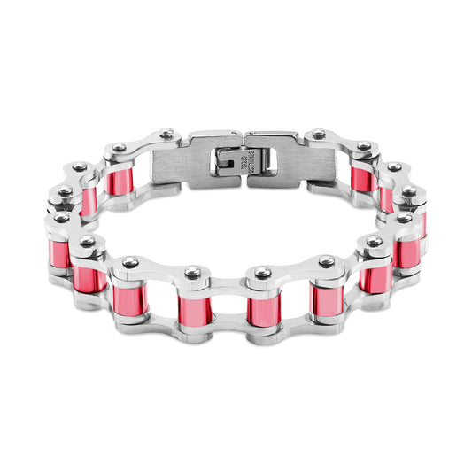 Stainless Steel And Pink Bike Chain Bracelet