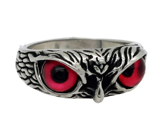 Silver Owl with Red Eyes Ring
